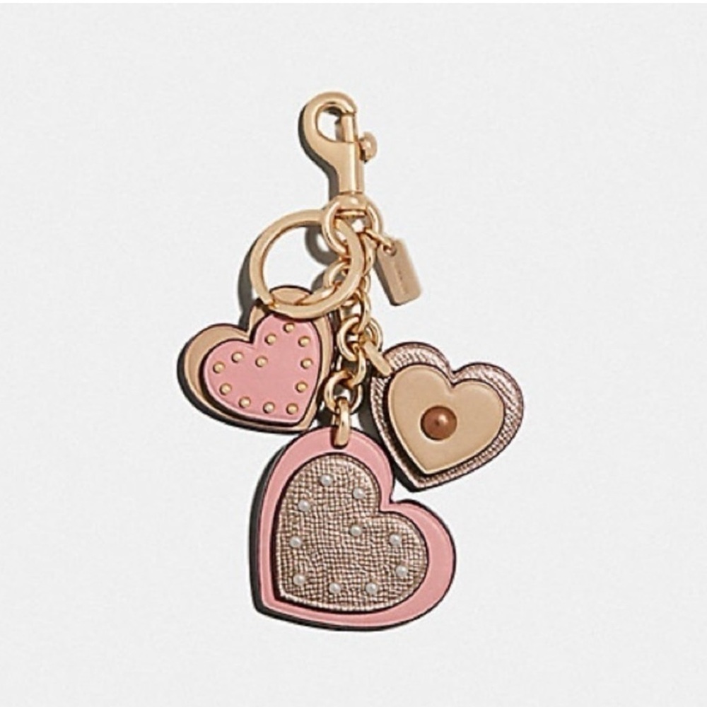 Coach Studded Signature Heart Keychain Bag Charm F40696 NEW Pink Tan Gold